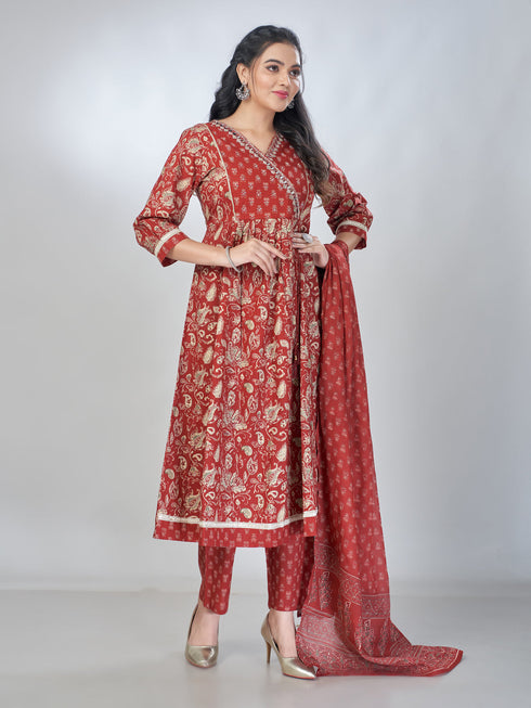 Amchoor Maroon Cotton Floral Kurta Sets For Womens