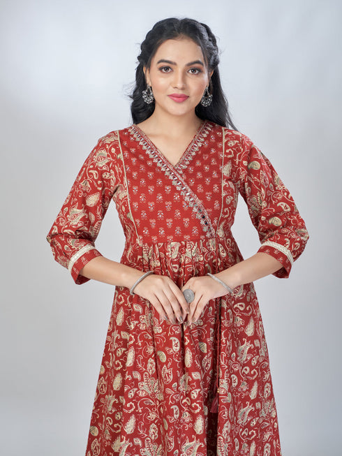 Amchoor Maroon Cotton Floral Kurta Sets For Womens