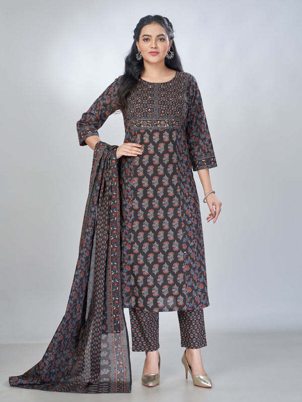 Amchoor Black Cotton Floral Kurta Sets For Womens