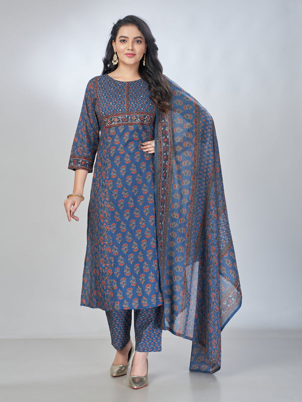 Amchoor Blue Cotton Floral Kurta Sets For Womens