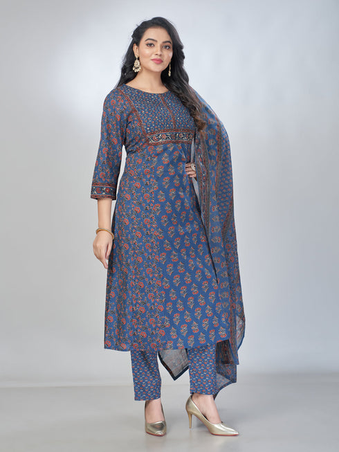 Amchoor Blue Cotton Floral Kurta Sets For Womens