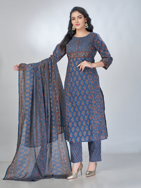 Amchoor Blue Cotton Floral Kurta Sets For Womens