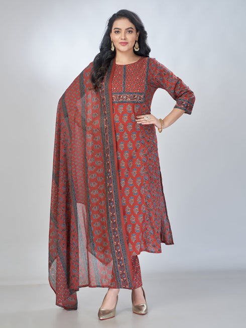 Amchoor Maroon Cotton Floral Kurta Sets For Womens