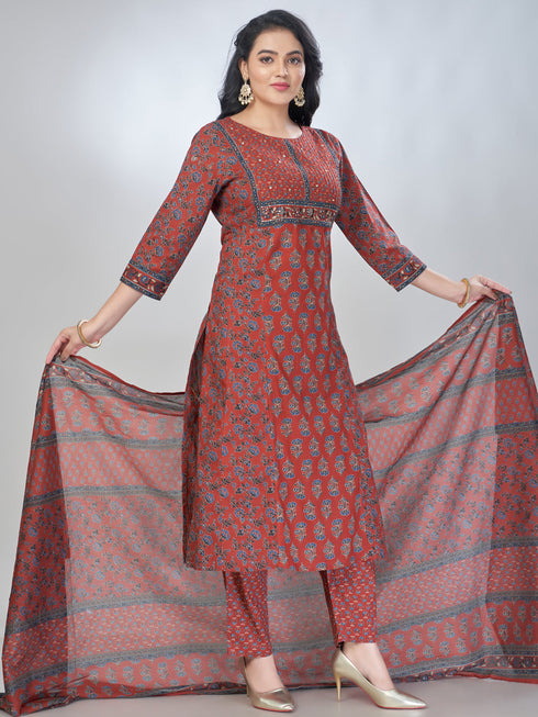 Amchoor Maroon Cotton Floral Kurta Sets For Womens