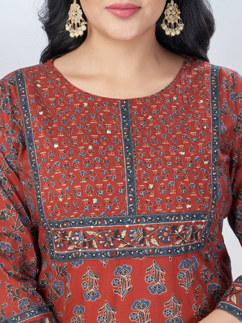 Amchoor Maroon Cotton Floral Kurta Sets For Womens