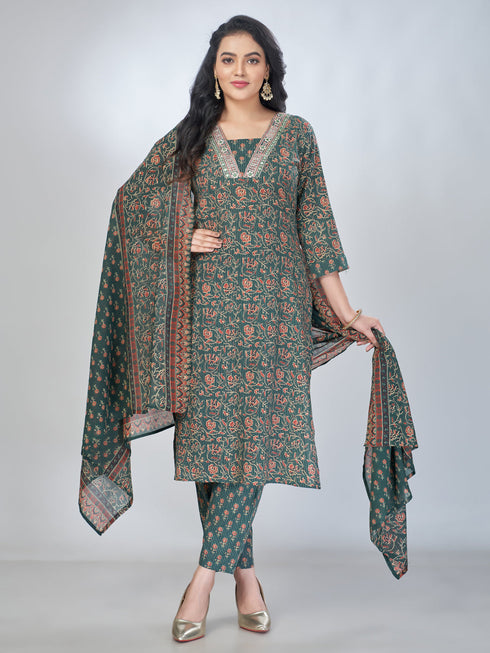 Amchoor Green Cotton Floral Kurta Sets For Womens