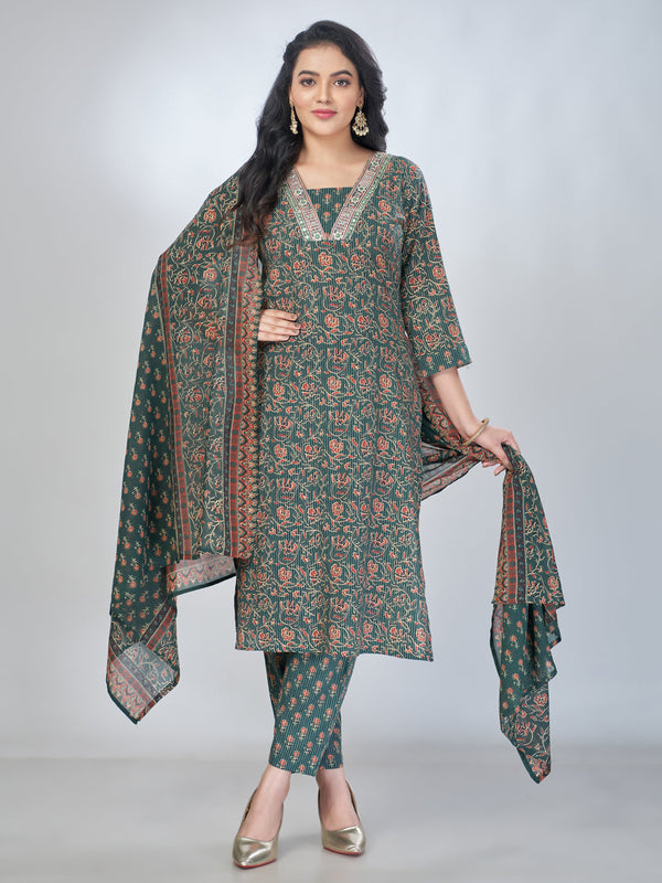 Amchoor Green Cotton Floral Kurta Sets For Womens