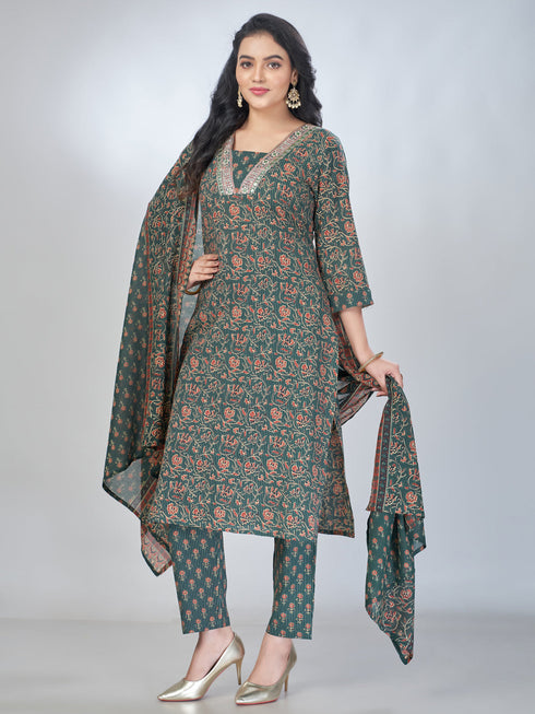 Amchoor Green Cotton Floral Kurta Sets For Womens