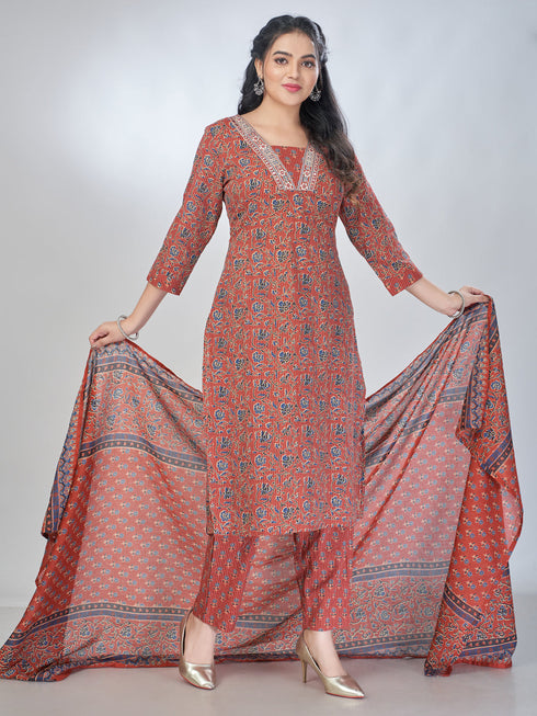 Amchoor Maroon Cotton Floral Kurta Sets For Womens