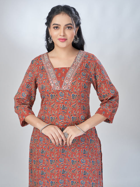 Amchoor Maroon Cotton Floral Kurta Sets For Womens