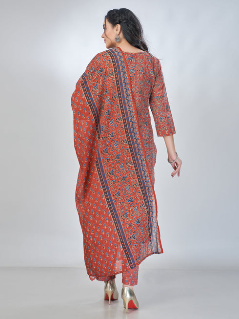Amchoor Maroon Cotton Floral Kurta Sets For Womens