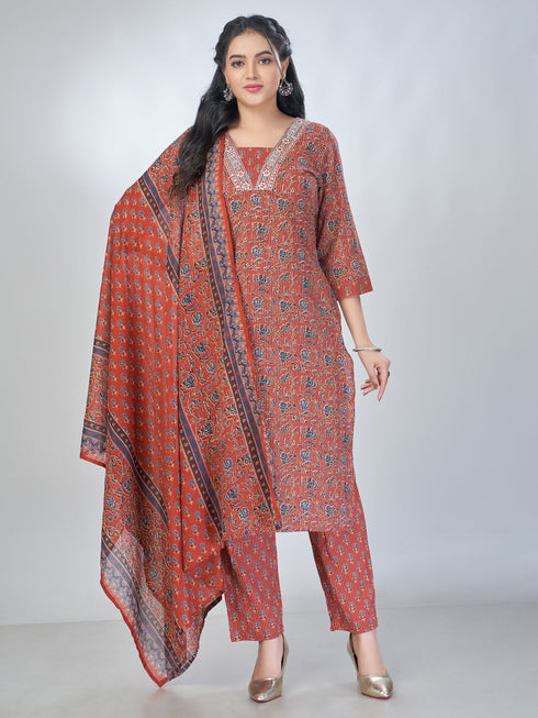 Amchoor Maroon Cotton Floral Kurta Sets For Womens