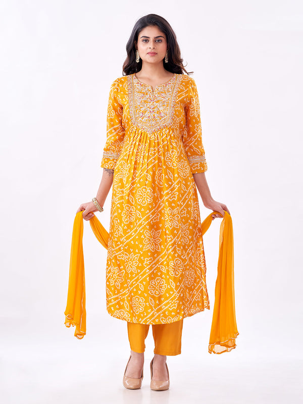 Amchoor Mustard Russian Silk Bandhani Kurti Set for Womens