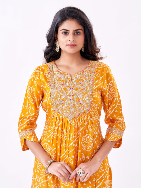 Amchoor Mustard Russian Silk Bandhani Kurti Set for Womens