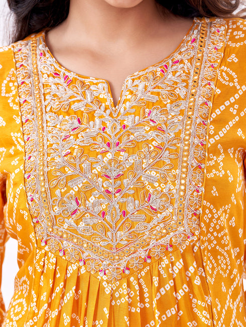 Amchoor Mustard Russian Silk Bandhani Kurti Set for Womens
