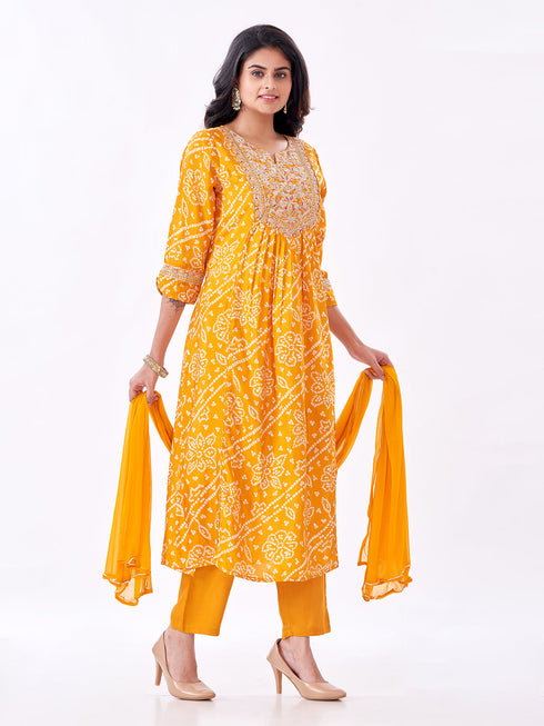 Amchoor Mustard Russian Silk Bandhani Kurti Set for Womens