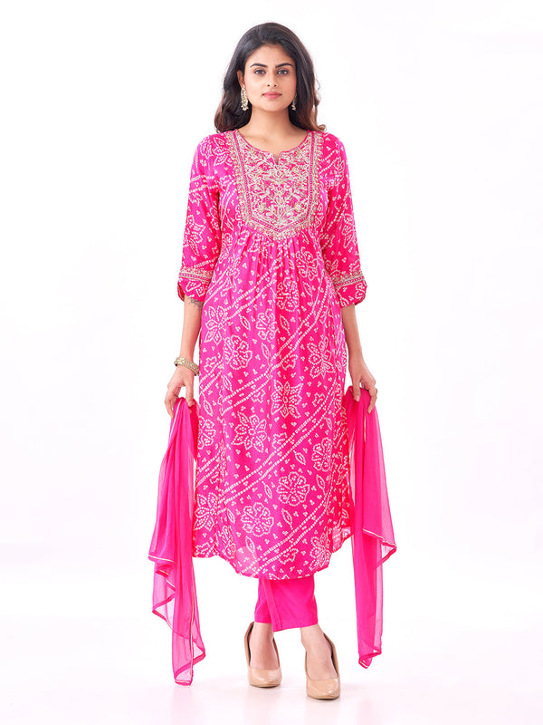 Amchoor Fuchsia Russian Silk Bandhani Kurti Set for Womens