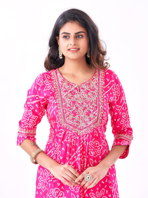 Amchoor Fuchsia Russian Silk Bandhani Kurti Set for Womens