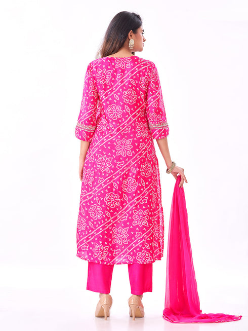 Amchoor Fuchsia Russian Silk Bandhani Kurti Set for Womens