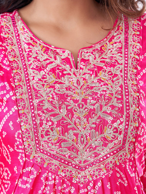Amchoor Fuchsia Russian Silk Bandhani Kurti Set for Womens