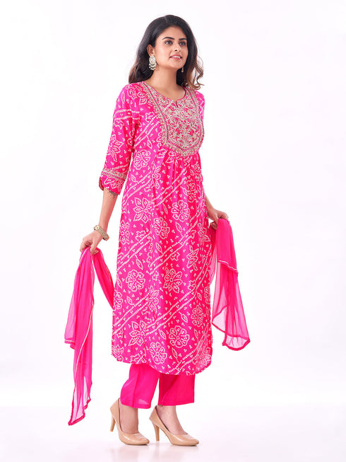 Amchoor Fuchsia Russian Silk Bandhani Kurti Set for Womens