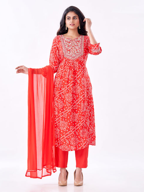 Amchoor Red Russian Silk Bandhani Kurti Set for Womens