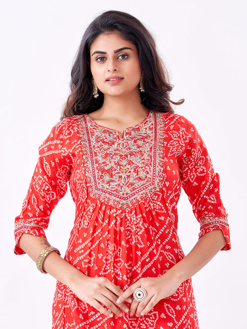 Amchoor Red Russian Silk Bandhani Kurti Set for Womens