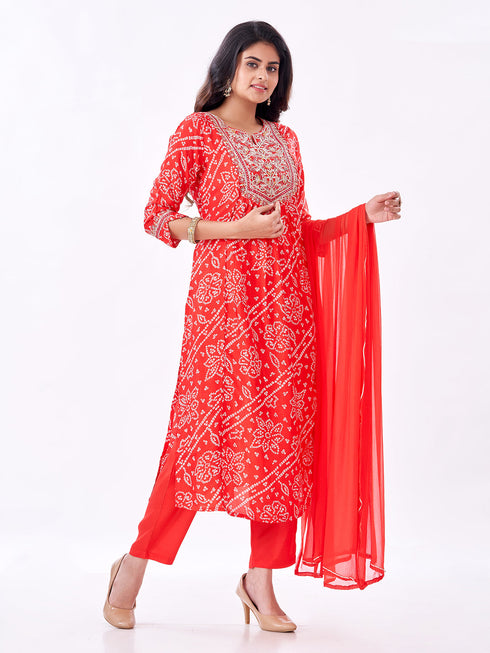 Amchoor Red Russian Silk Bandhani Kurti Set for Womens