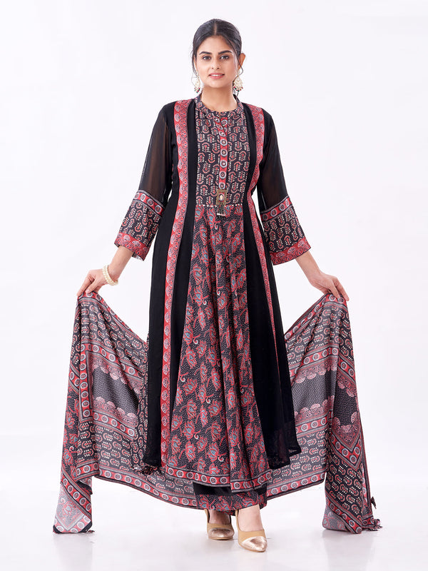 Amchoor Black Georgette Floral Kurti Set for Womens