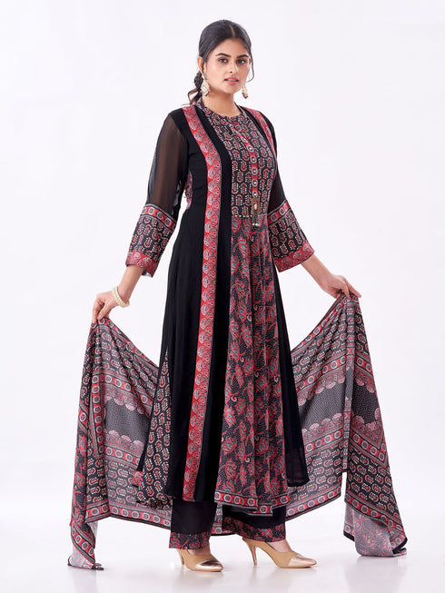 Amchoor Black Georgette Floral Kurti Set for Womens