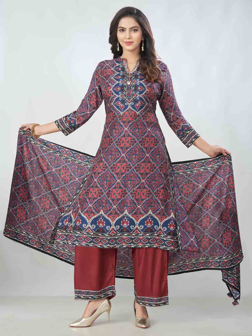 Amchoor Maroon Dola Silk Digital Prints Kurta Sets For Womens