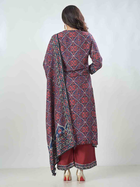 Amchoor Maroon Dola Silk Digital Prints Kurta Sets For Womens