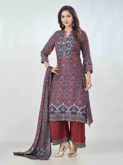 Amchoor Maroon Dola Silk Digital Prints Kurta Sets For Womens