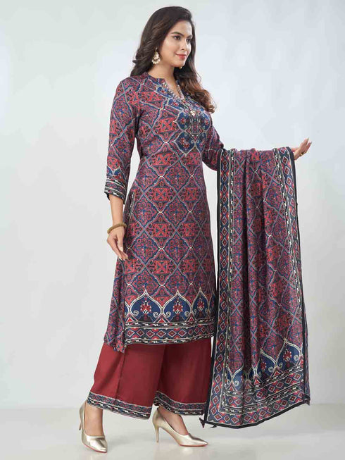 Amchoor Maroon Dola Silk Digital Prints Kurta Sets For Womens