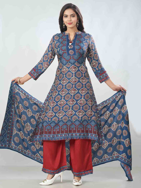 Amchoor Blue Dola Silk Digital Prints Kurta Sets For Womens