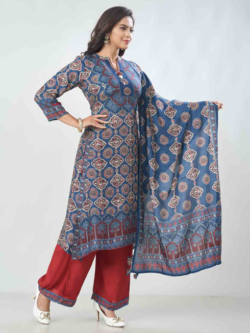 Amchoor Blue Dola Silk Digital Prints Kurta Sets For Womens