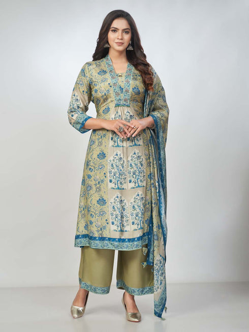 Amchoor Green Muslin Digital Prints Kurta Sets for Womens