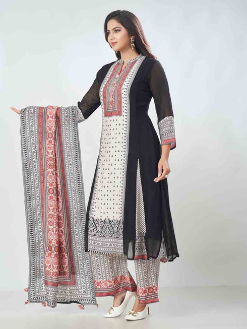 Amchoor Black Georgette Digital Prints Kurta Sets For Womens