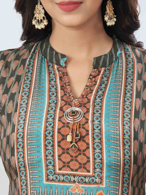 Amchoor Black Viscose Silk Digital Prints Kurta Sets For Womens