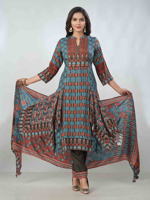 Amchoor Blue Viscose Silk Digital Prints Kurta Sets For Womens