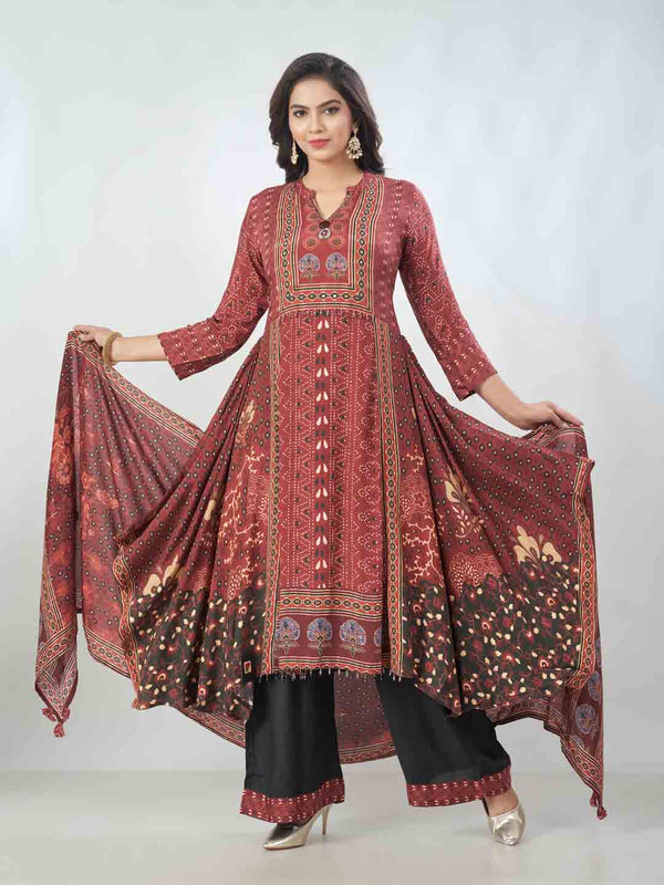 Amchoor Maroon Viscose Silk Digital Prints Kurta Sets For Womens