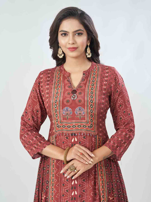 Amchoor Maroon Viscose Silk Digital Prints Kurta Sets For Womens
