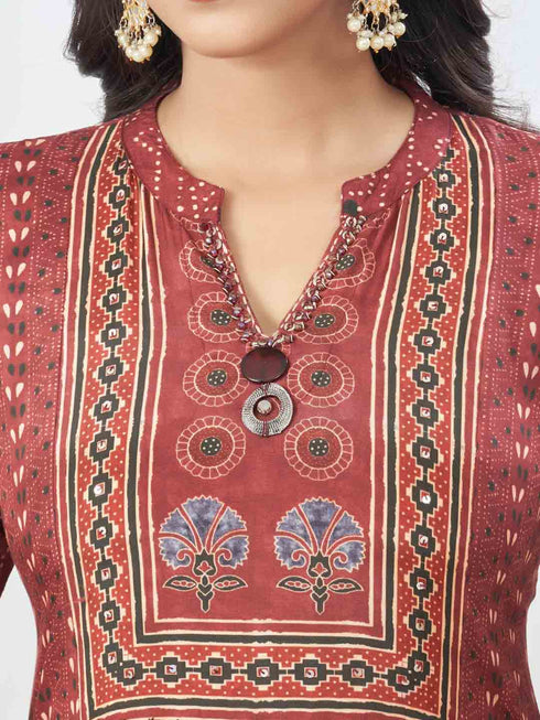 Amchoor Maroon Viscose Silk Digital Prints Kurta Sets For Womens