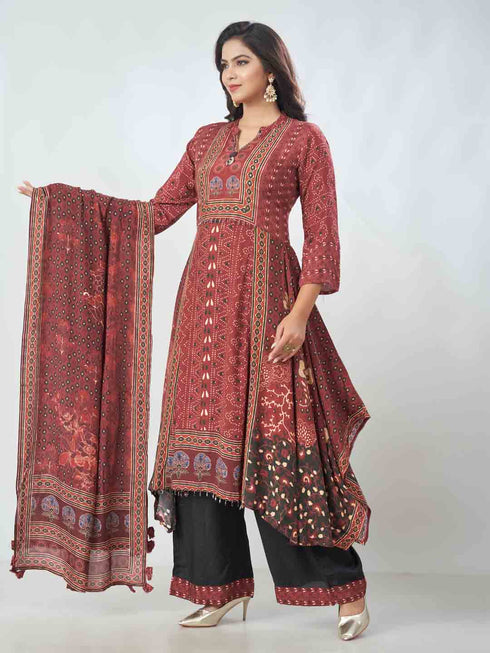 Amchoor Maroon Viscose Silk Digital Prints Kurta Sets For Womens