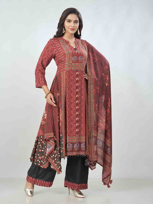Amchoor Maroon Viscose Silk Digital Prints Kurta Sets For Womens