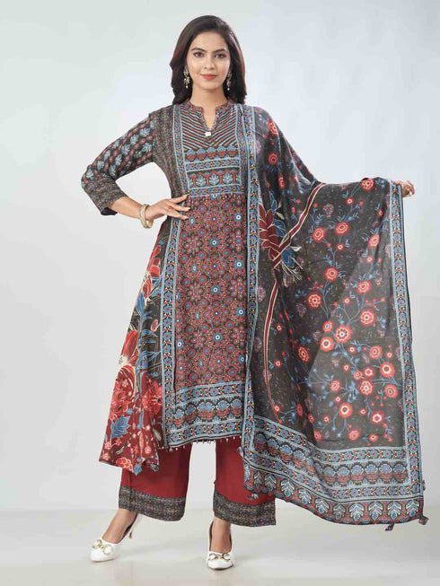 Amchoor Black Viscose Silk Digital Prints Kurta Sets For Womens