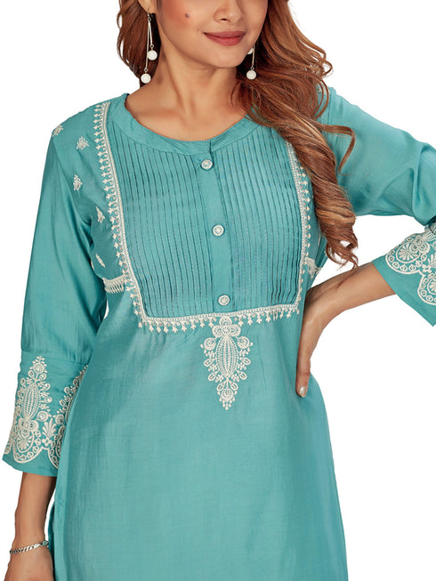 Amchoor Teal Solid Printed Viscose Silk Kurti for Women's