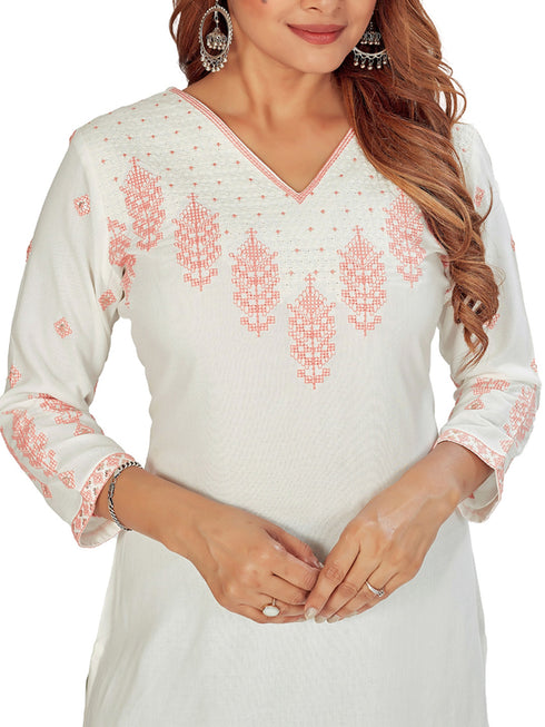 Amchoor White Solid Printed Rayon Kurti for Women's (Peach)