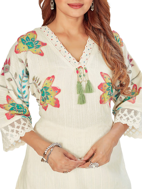 Amchoor Yellow Cotton Floral Print Kurti Pant for Women's