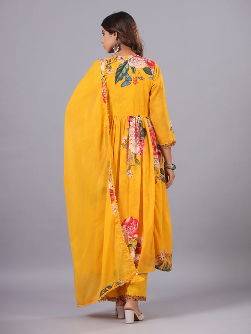 Mustard Digital Print Alia Cut Embroidered Kurti Set